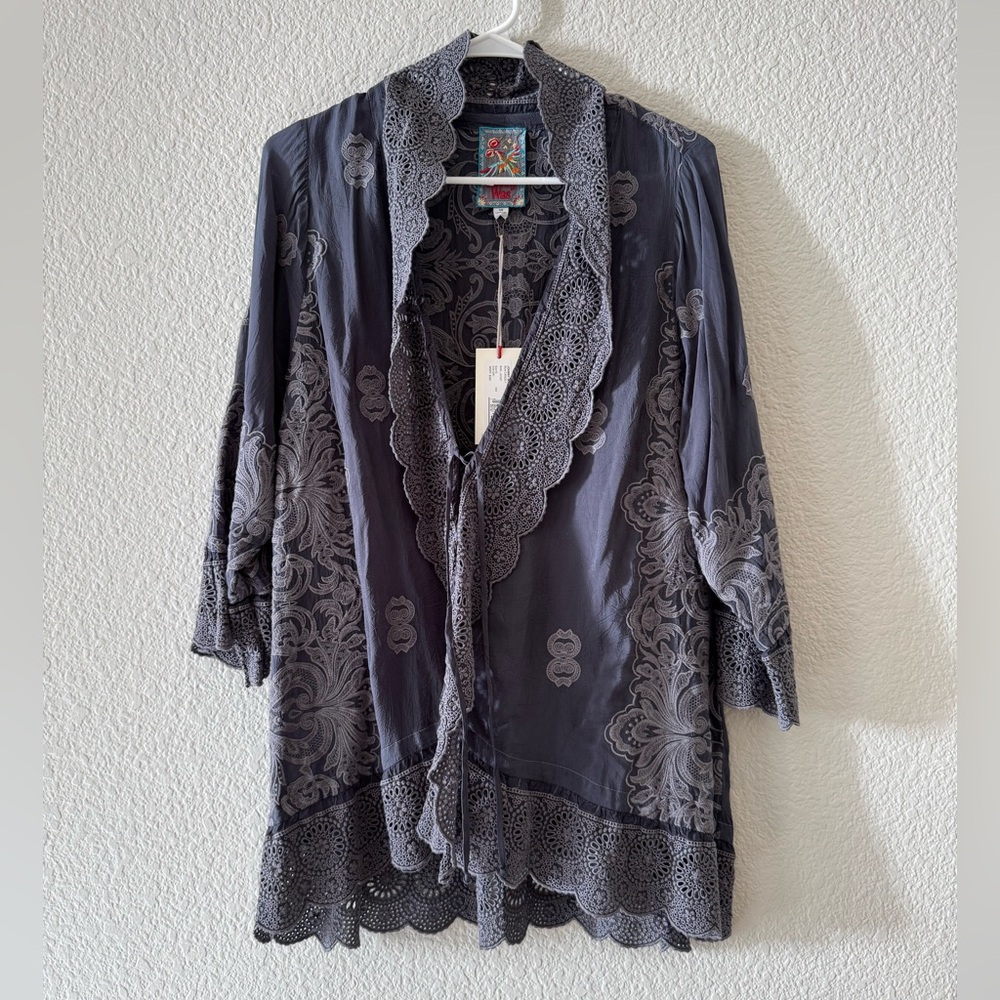 Johnny Was Gray Embroidered Blouse